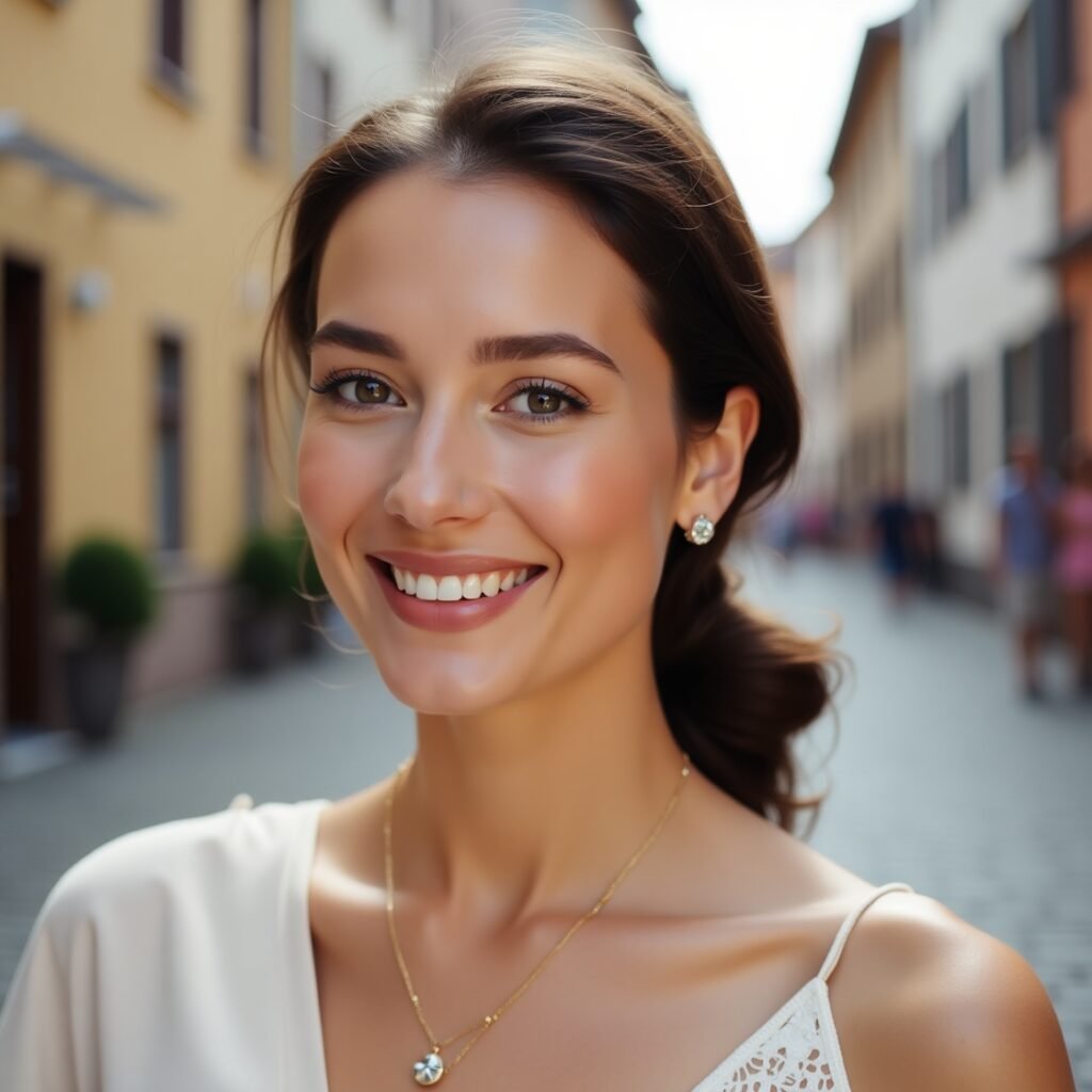 Wunderschöne europäische Frau mit frischer gepflegter Haut in Landshut Altstadt